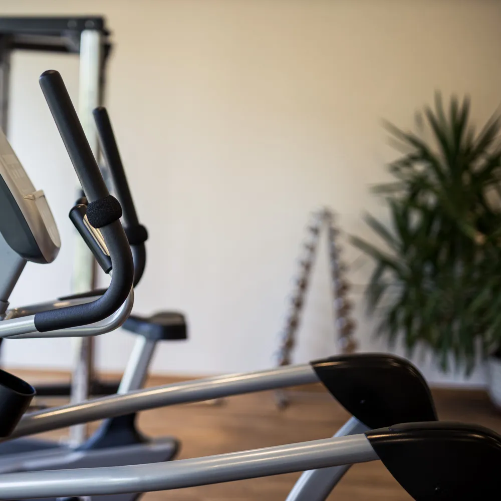 Blick in das helle, modern ausgestattete Gym des Alpenflora mit Geräten am Fenster