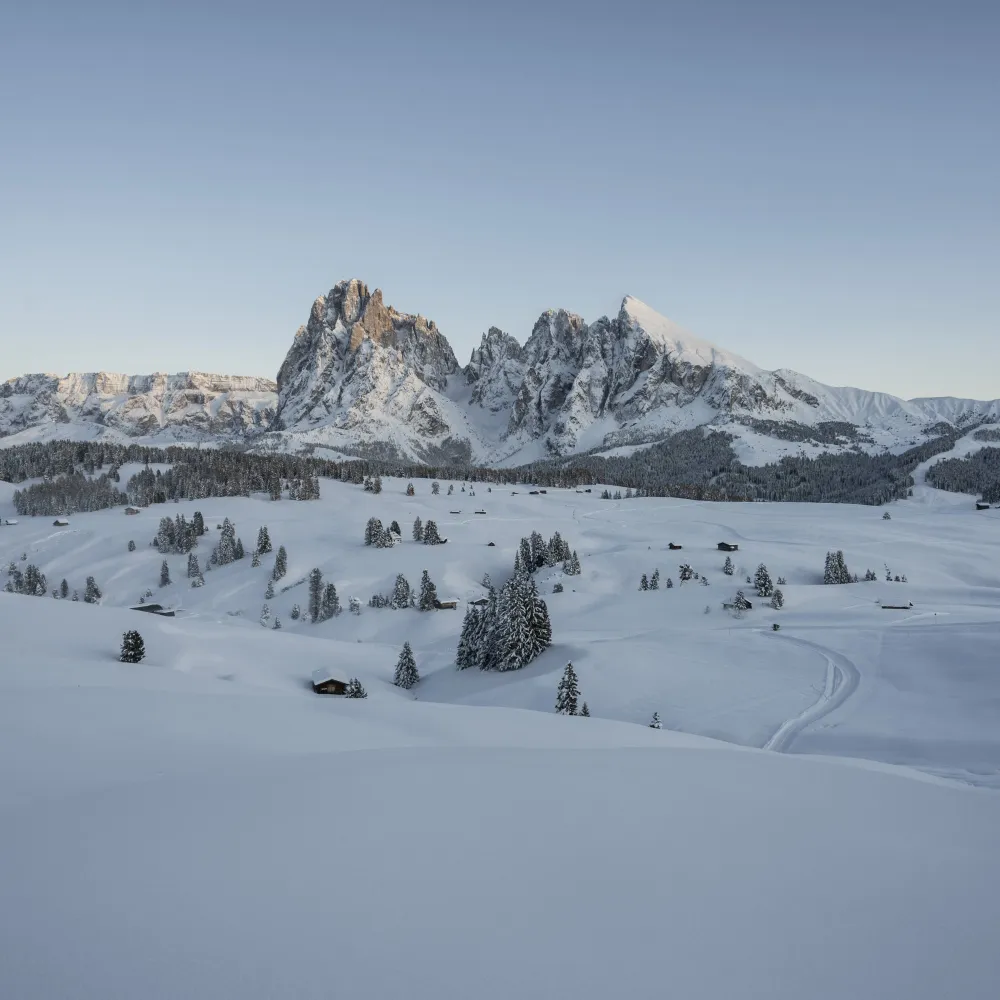 Verschneite Seiser Alm mit den Dolomiten im winterlichen Panorama bei Kastelruth