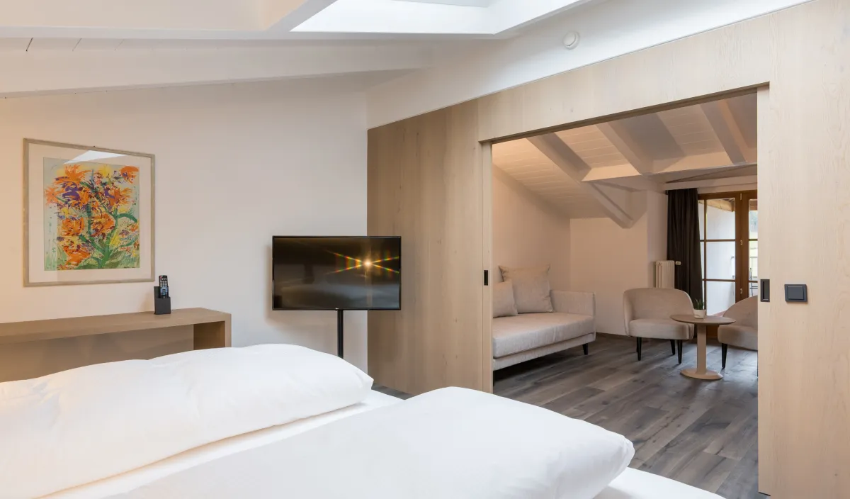 Vista dalla zona notte alla zona giorno dell'Attico Suite con divano, poltrona e televisore.