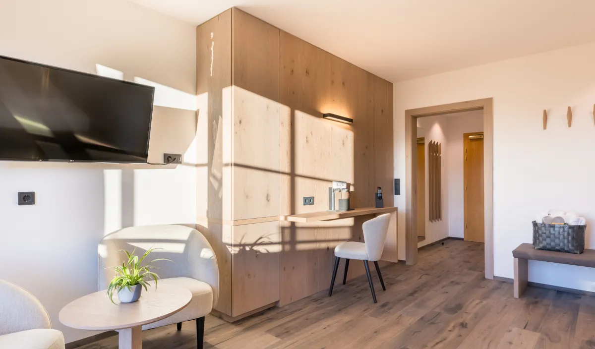 Wohnbereich mit Sessel, Fernseher, Holzeinbauwand mit Schreibtisch und Durchgang zum Eingangsbereich.