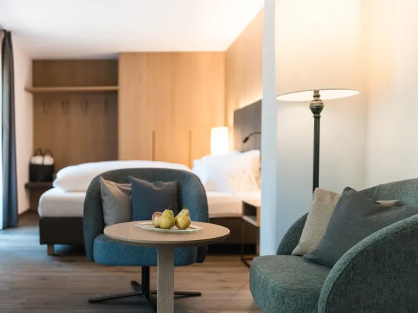 Sitzecke mit zwei Polstersesseln, Beistelltisch mit Obst und Stehleuchte im Doppelzimmer Classic.