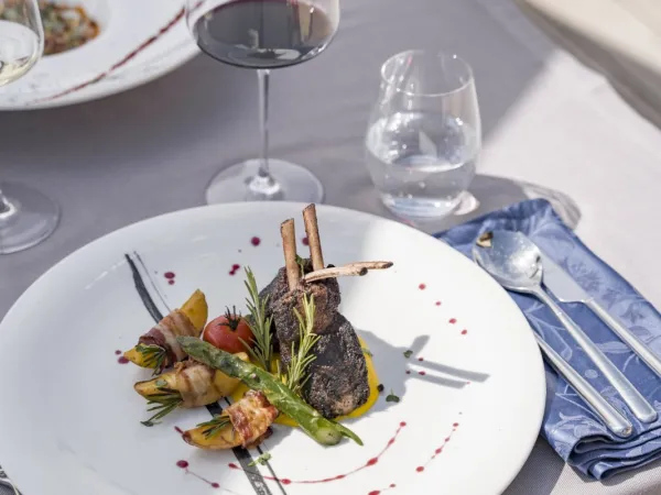 Gourmet dish with meat and vegetables on a laid table in the restaurant of the Alpenflora