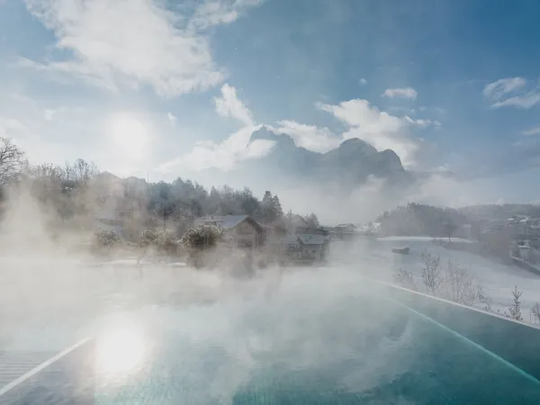 Dampfender beheizter Pool des Alpenflora unter winterlichem Himmel