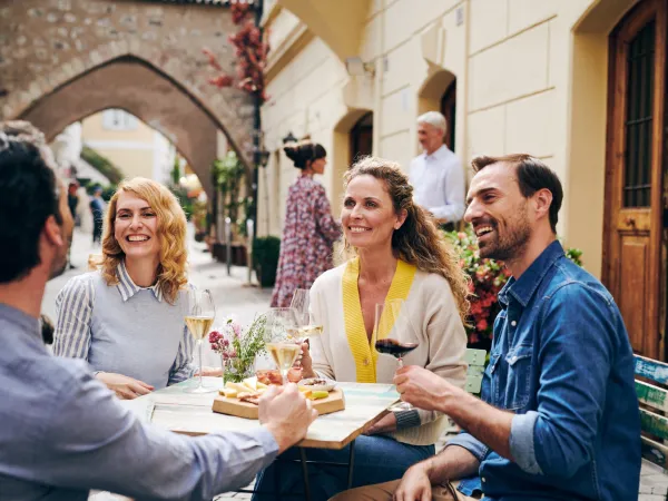 Vier Personen genießen Wein und Südtiroler Spezialitäten an einem Tisch unter einem Laubengang