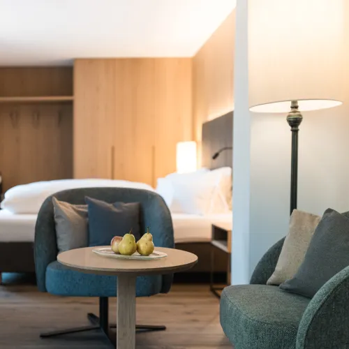 Sitzecke mit zwei Polstersesseln, Beistelltisch mit Obst und Stehleuchte im Doppelzimmer Classic.